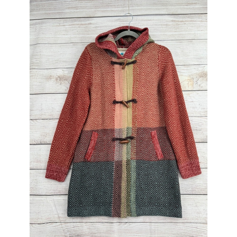 Sparrow Cardigan Coat Women Large Red Multi Colorblock Wool Toggle Hooded